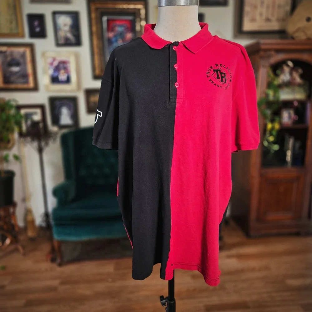 True Religion Polo Shirt Mens 3XL Red Black Split Colorblock Horseshoe Logo SS